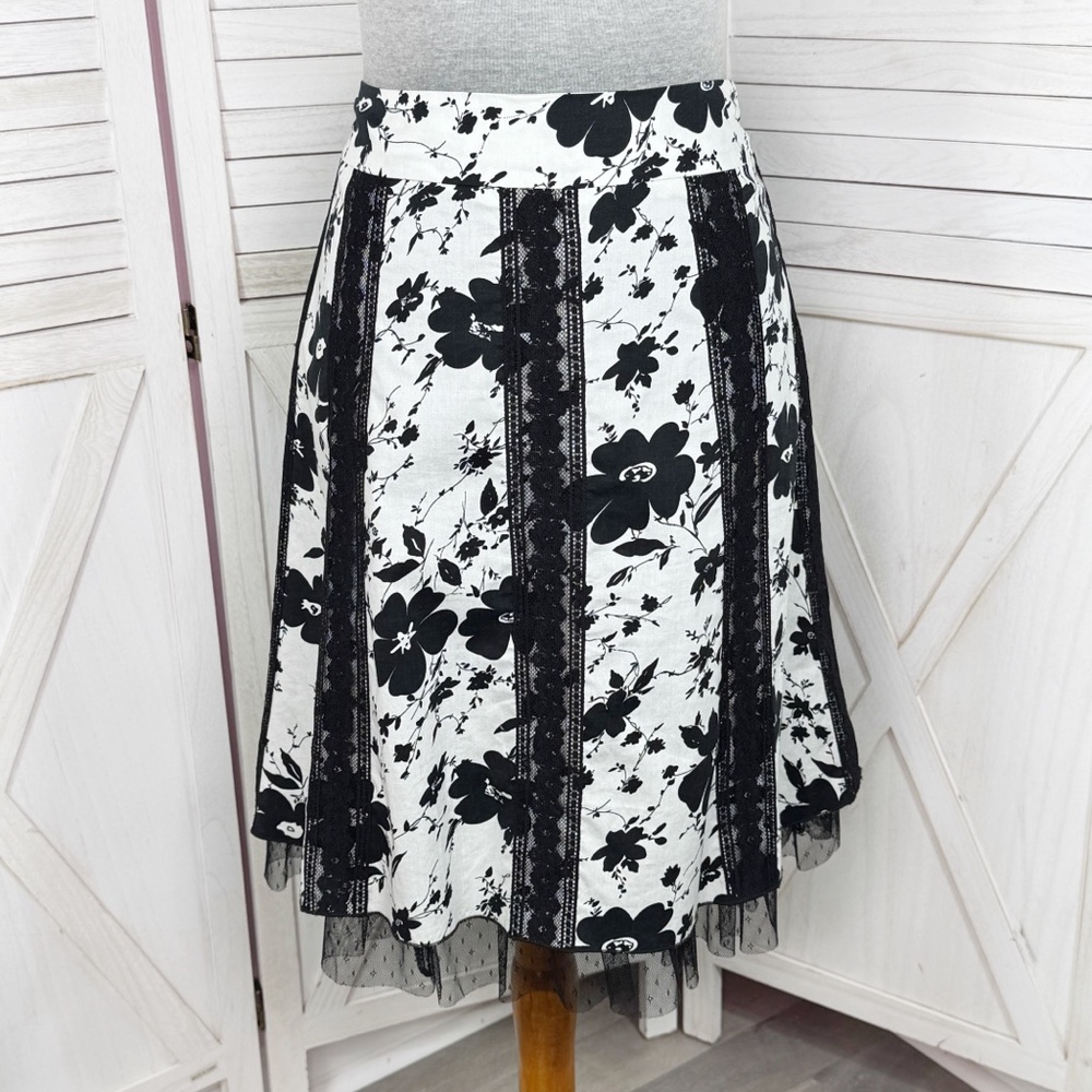 Y2K‎ Erin B Floral Lace Trim A Line Skirt Black White 4 Knee Length Petticoat